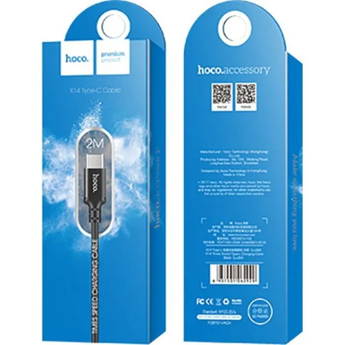 Дата кабель USB 2.0 AM to USB-C 2.0m 2A nylon X14 black HOCO (6957531062929) изображение 3