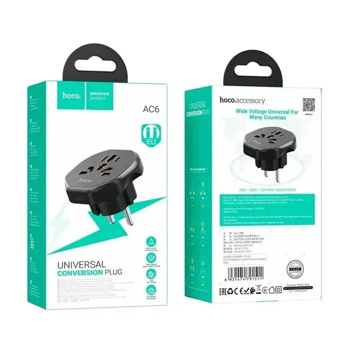 Переходник Universal adapter US/UK/AU to EU bkack HOCO (6931474791511) изображение 6