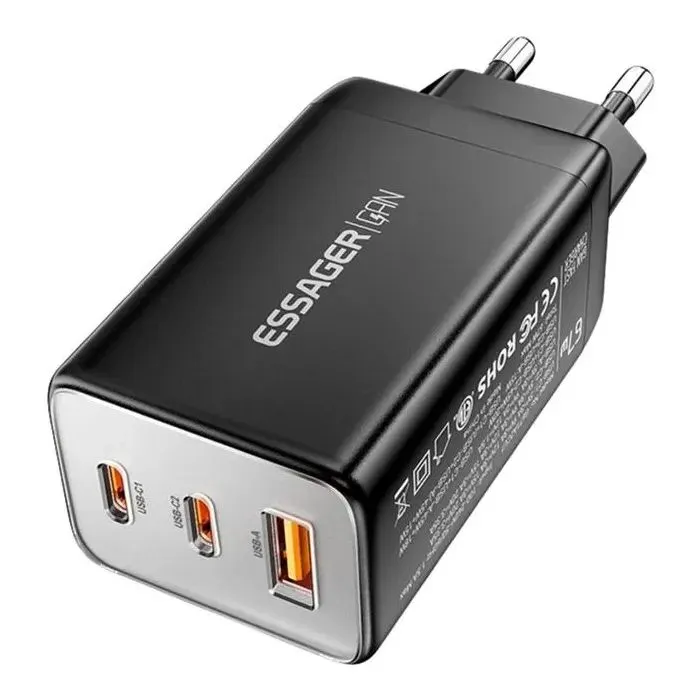 Зарядное устройство Essager 2xUSB-C + 1xUSB PD67W QC4.0 FCP GaN black (ECT67W-LJB01-Z) изображение 2