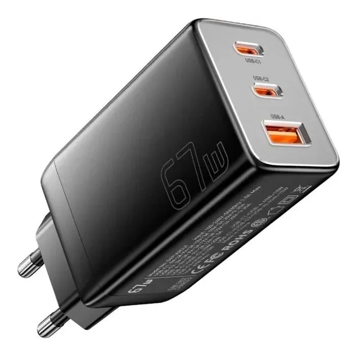 Зарядное устройство Essager 2xUSB-C + 1xUSB PD67W QC4.0 FCP GaN black (ECT67W-LJB01-Z) изображение 3