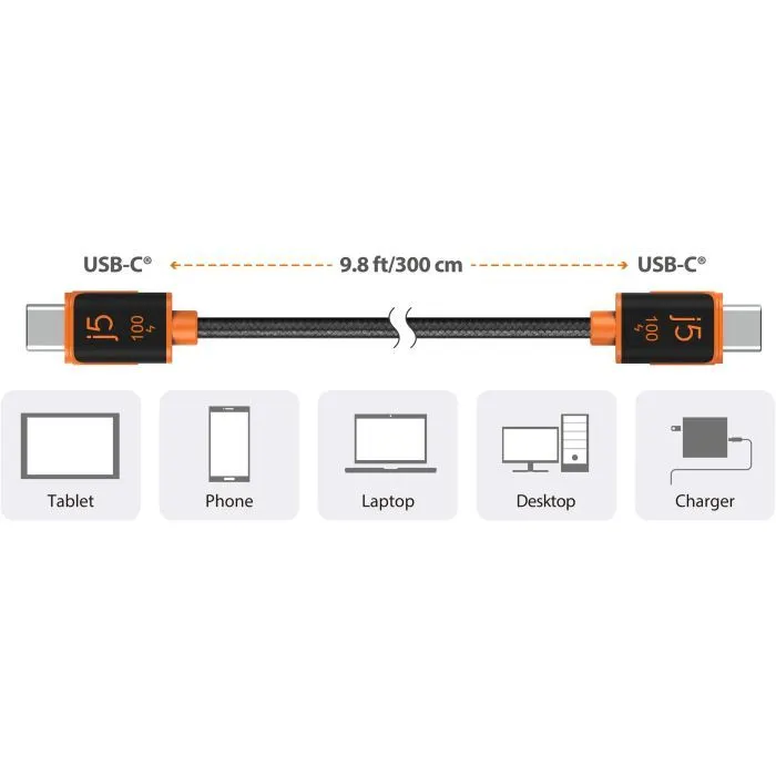 Дата кабель USB-C to USB-C 3.0m 100W (20V/5A) premium J5create (JUCX25L30-N) изображение 5