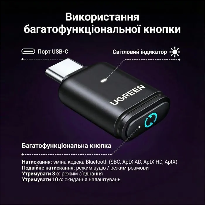 Bluetooth-адаптер Ugreen USB-C Bluetooth 5.3 Audio Transmitter PC/PS5/Switch BT501 black (45008) зображення 10