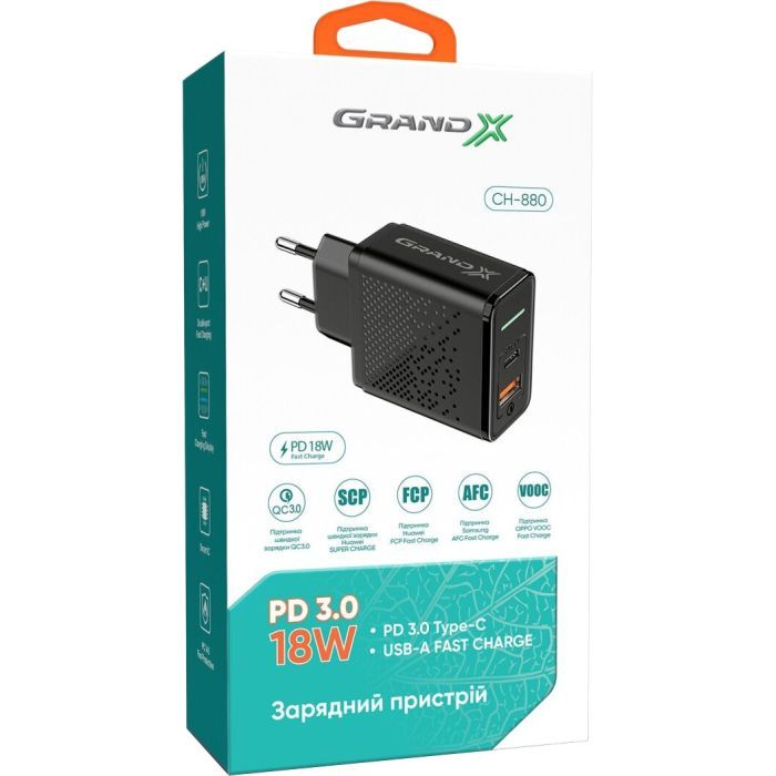 Зарядное устройство Grand-X Fast Сharge 6-в-1 PD 3.0, QС3.0, AFC,SCP,FCP,VOOC 1USB+1Type (CH-880) изображение 5