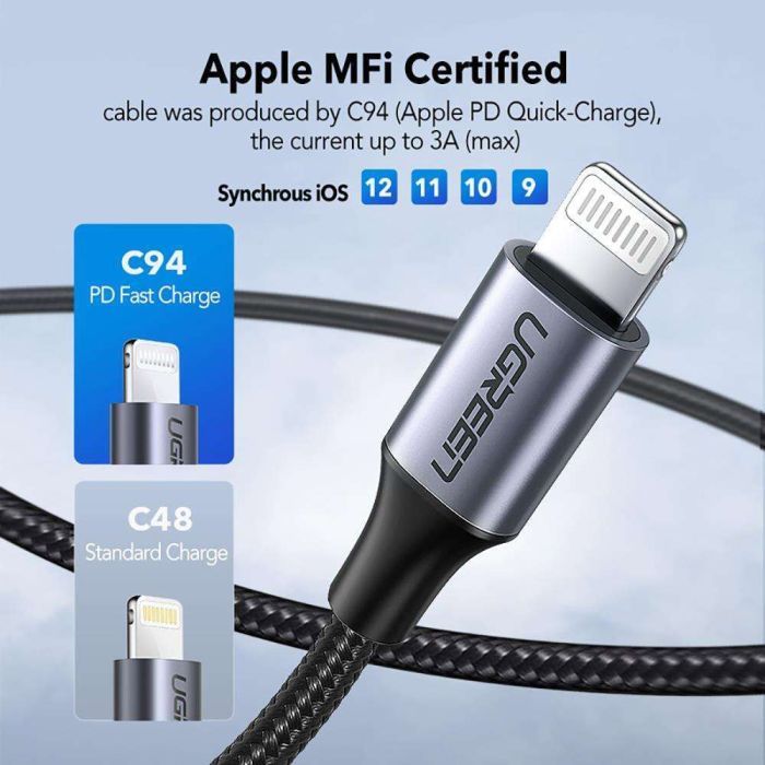 Дата кабель USB-C to Lightning 2.0m US304 20V/3A 60W Black Ugreen (60761) изображение 5