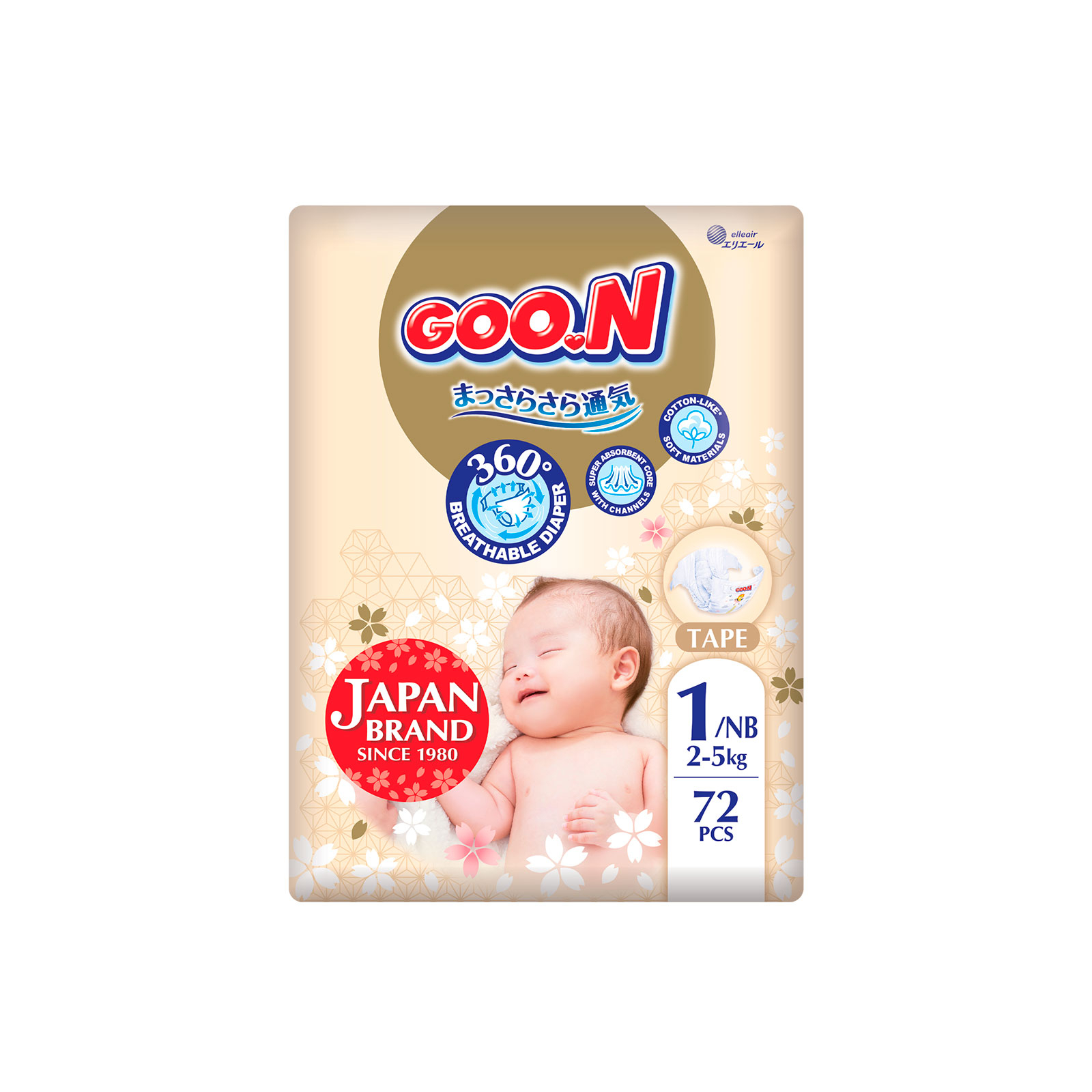 Подгузники GOO.N Premium Soft для младенцев до 5 кг 1 NB на липучках 72 шт (F1010101-152)