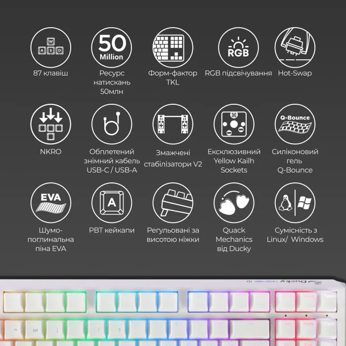 Клавиатура Ducky One 3 TKL Cherry MX Blue RGB UA USB Black (DKON2187ST-CUAPXCLAWSC1) изображение 4