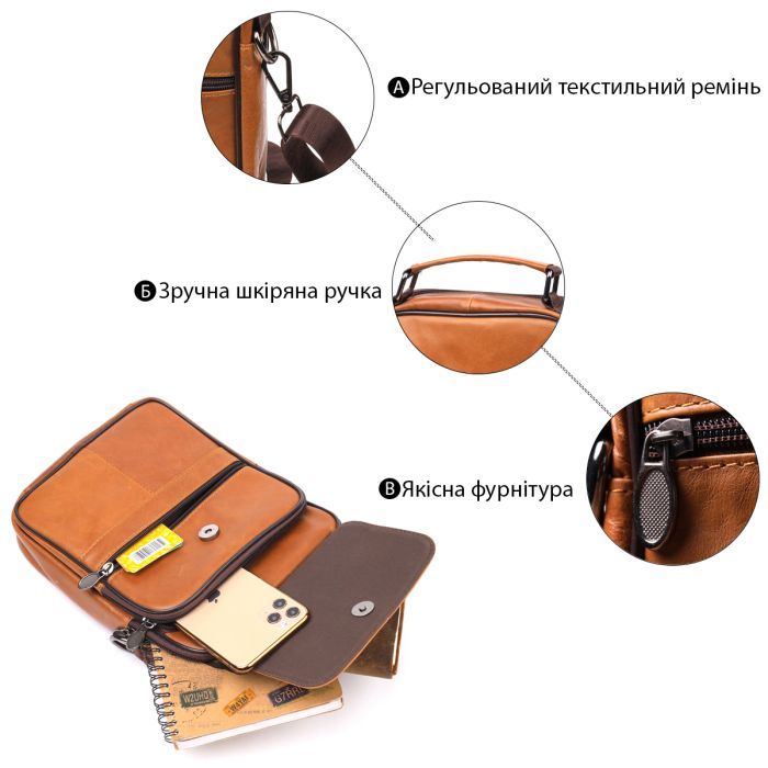 Сумка Vintage Мужская с ручкой кожаная Рыжая (21273) изображение 4