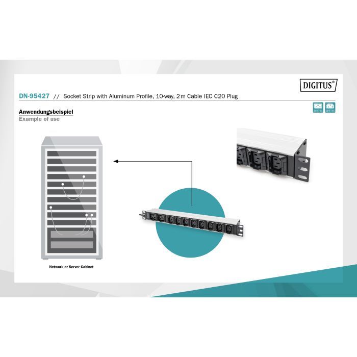 Силовой блок 19" 1U w/PDU 8xC13, 2xC19, 16A, 250V, вилка C20 Digitus (DN-95427) изображение 2