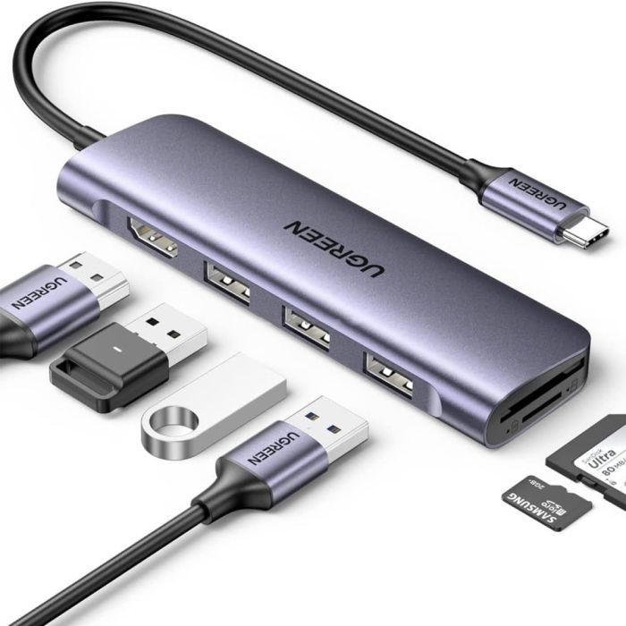 Концентратор Ugreen USB-C 6-in-1 3xUSB 3.0 + HDMI 4K@30Hz + SD/TF silver (20956A)