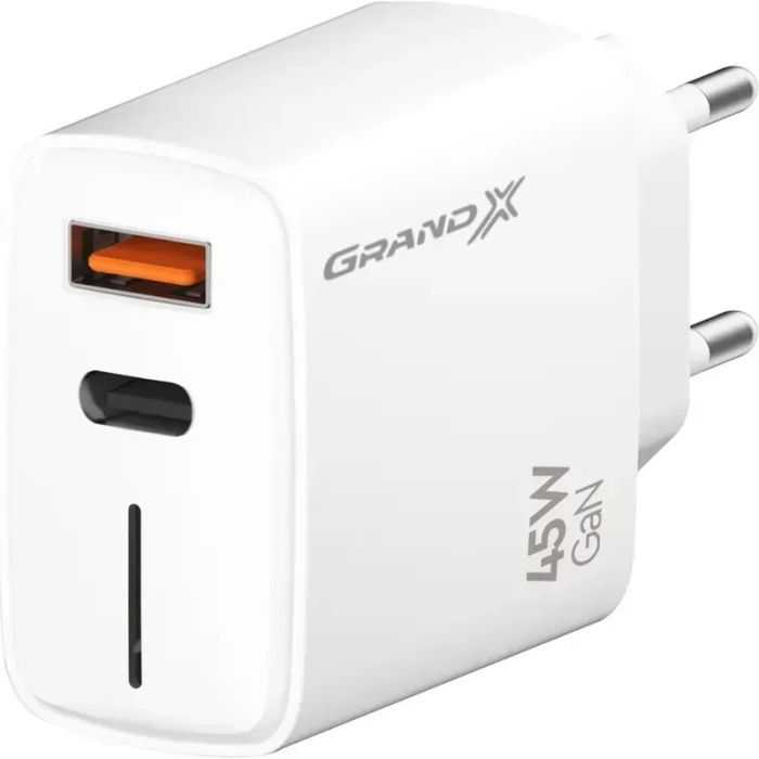 Зарядное устройство Grand-X GaN 1xUSB-C + 1xUSB QC3.0 45W white (CH-460W)