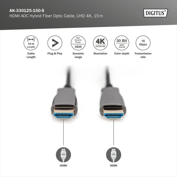 Кабель мультимедийный HDMI M to HDMI M 15m 4K AOC hybrid-fiber black Digitus (AK-330125-150-S) изображение 4