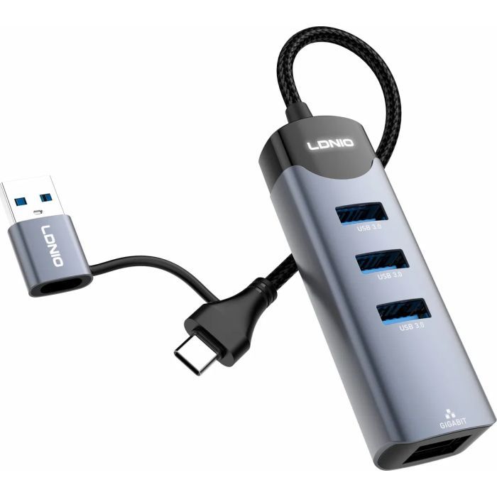 Концентратор LDNIO USB-A + USB-C 4-in-1 3xUSB 3.0 + 1xRJ45 (DS-144UC)