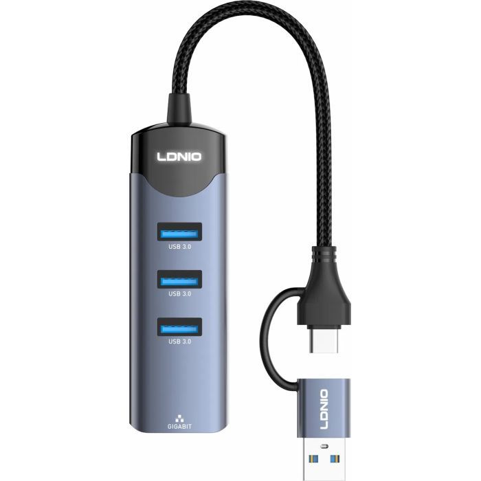 Концентратор LDNIO USB-A + USB-C 4-in-1 3xUSB 3.0 + 1xRJ45 (DS-144UC) изображение 2