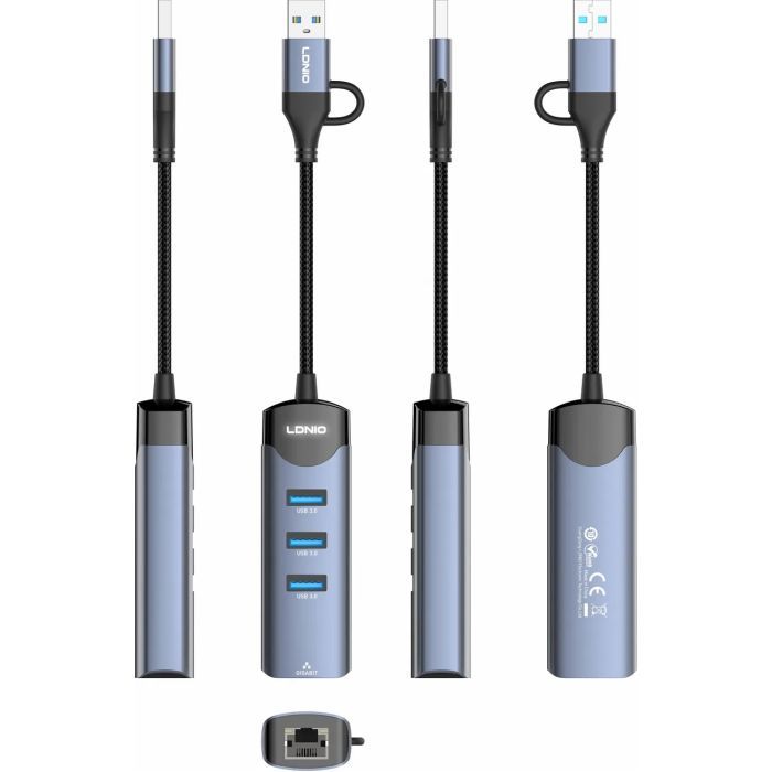 Концентратор LDNIO USB-A + USB-C 4-in-1 3xUSB 3.0 + 1xRJ45 (DS-144UC) изображение 6