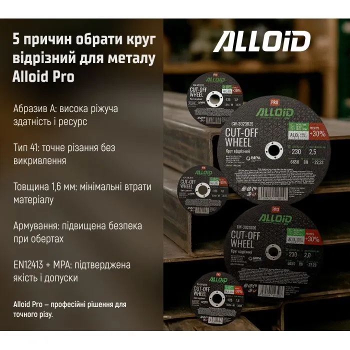 Круг отрезной Alloid Pro, отрезной, по металлу, 41 14А, 125×1.6×22.23мм (CW-3012516) изображение 8
