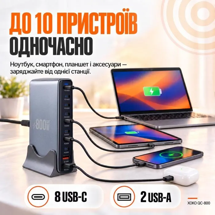 Зарядний пристрій XoKo 8xUSB-C PD 65 - 140W + 2xUSB QC30W GaN3 800W (XK-QC-800) зображення 10