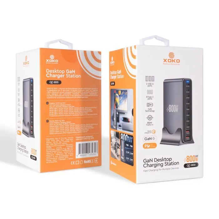 Зарядний пристрій XoKo 8xUSB-C PD 65 - 140W + 2xUSB QC30W GaN3 800W (XK-QC-800) зображення 2